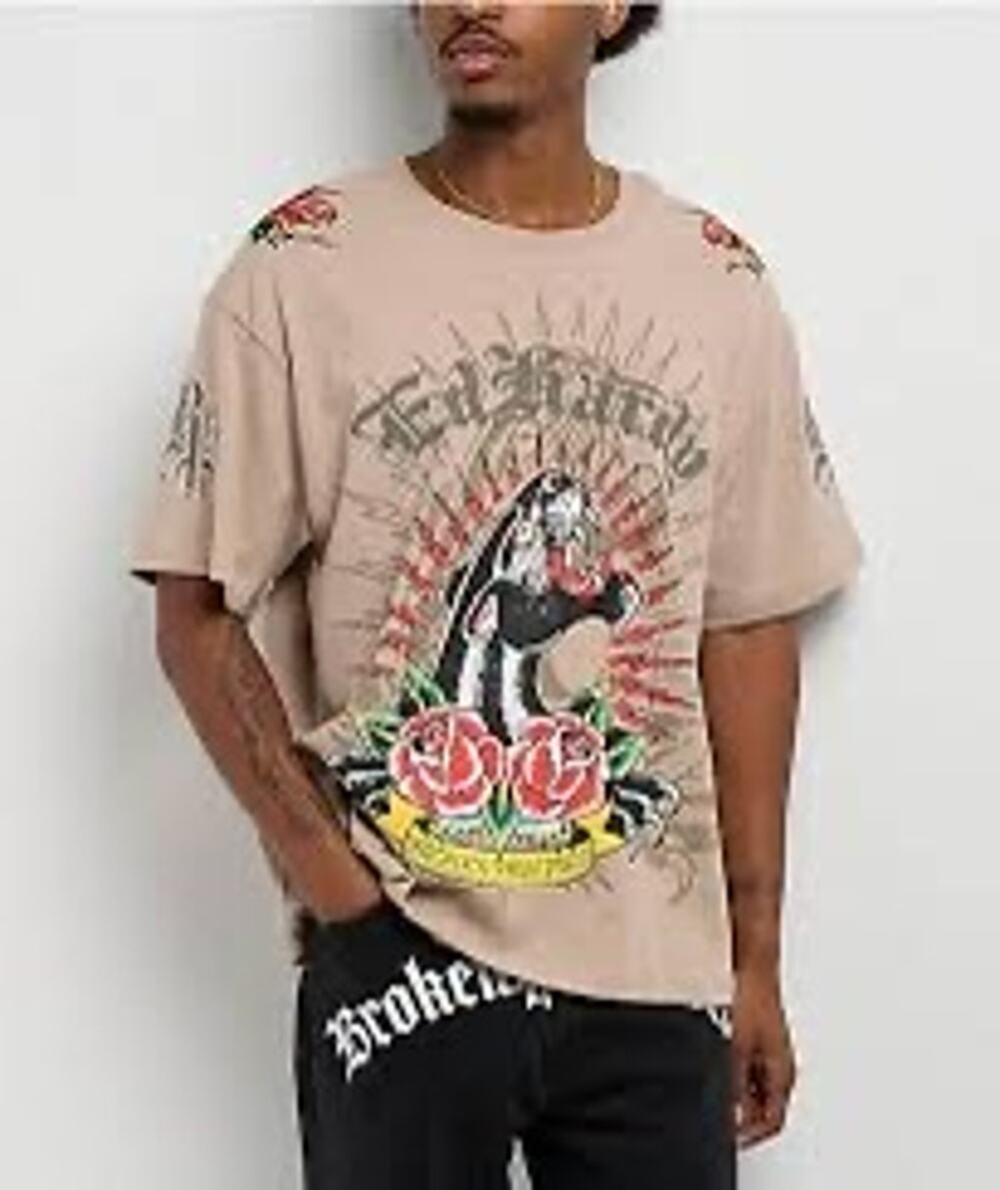 Ed Hardy x Broken Promises Love Scars Beige T-Shirt Size XL Cyber Y2K Tattoocore